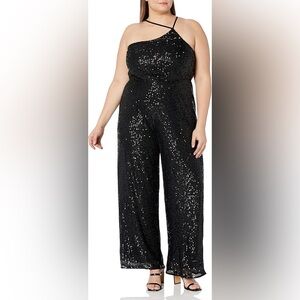 City Chic Black Sequin Jumpsuit Size S NWT One-Shoulder Wide-Leg Glam Party